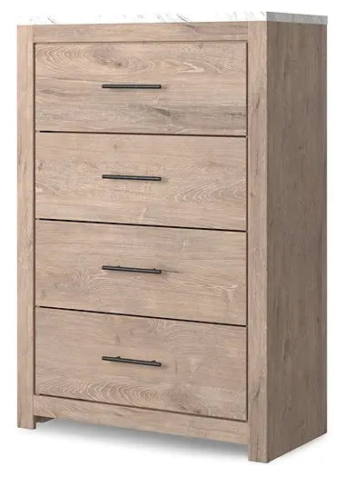 Senniberg King Panel Bed with Mirrored Dresser and Chest at Lee Furniture, NC