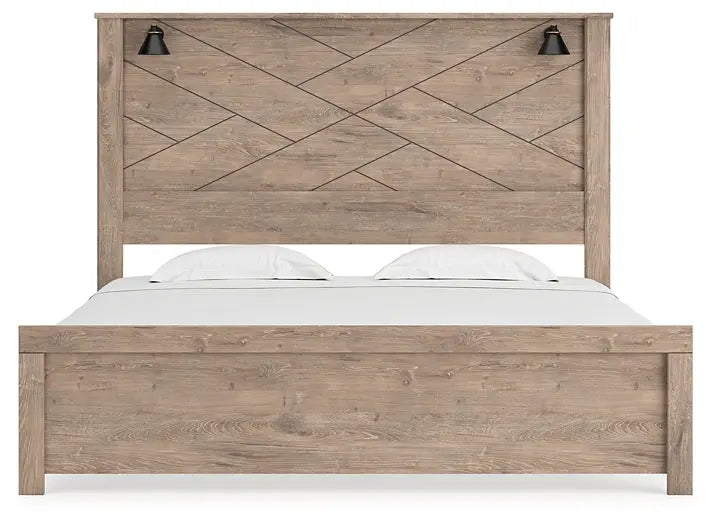 Senniberg King Panel Bed with Mirrored Dresser and Chest at Lee Furniture, NC