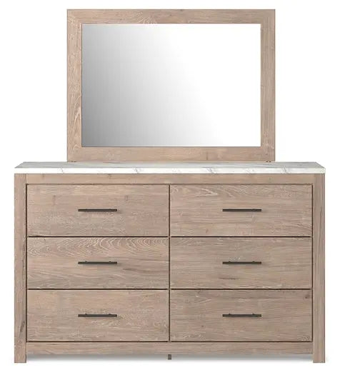 Senniberg King Panel Bed with Mirrored Dresser and Chest at Lee Furniture, NC