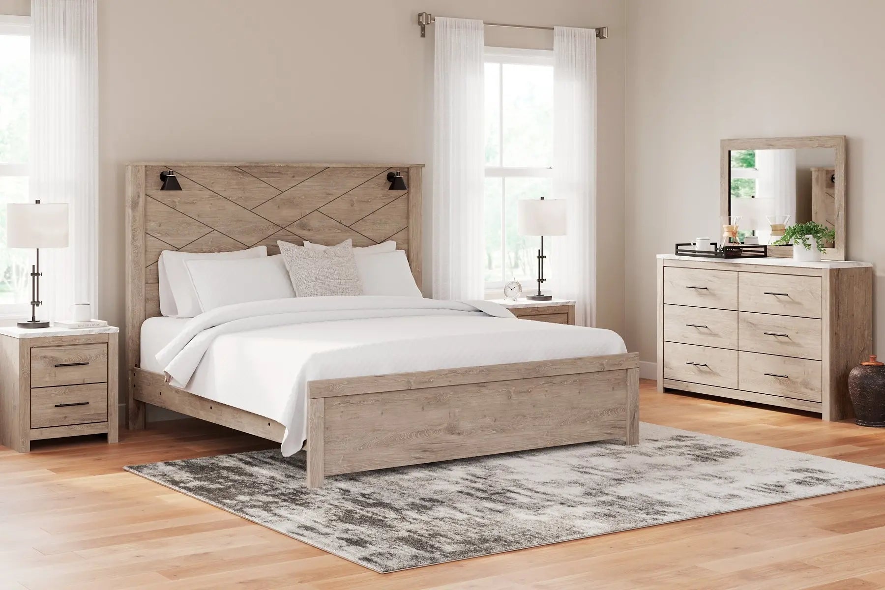 Senniberg King Panel Bed with Mirrored Dresser at Lee Furniture, NC