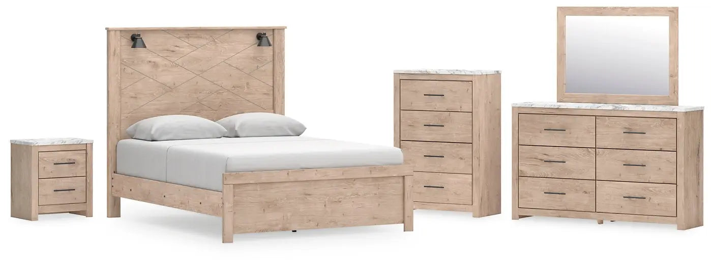 Senniberg Queen Panel Bed with Mirrored Dresser, Chest and Nightstand at Lee Furniture, NC