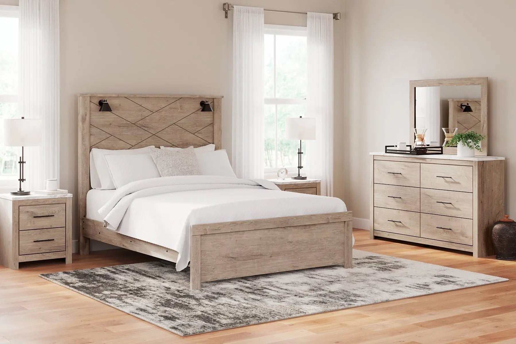 Senniberg Queen Panel Bed with Mirrored Dresser, Chest and Nightstand at Lee Furniture, NC