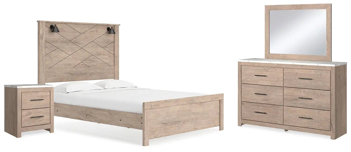 Senniberg Queen Panel Bed with Mirrored Dresser and Nightstand at Lee Furniture, NC