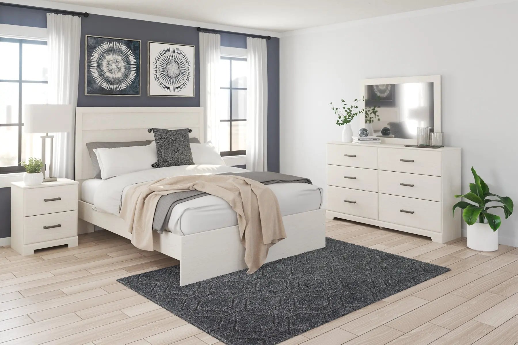 Stelsie Queen Panel Bed with Mirrored Dresser and Nightstand at Lee Furniture, NC