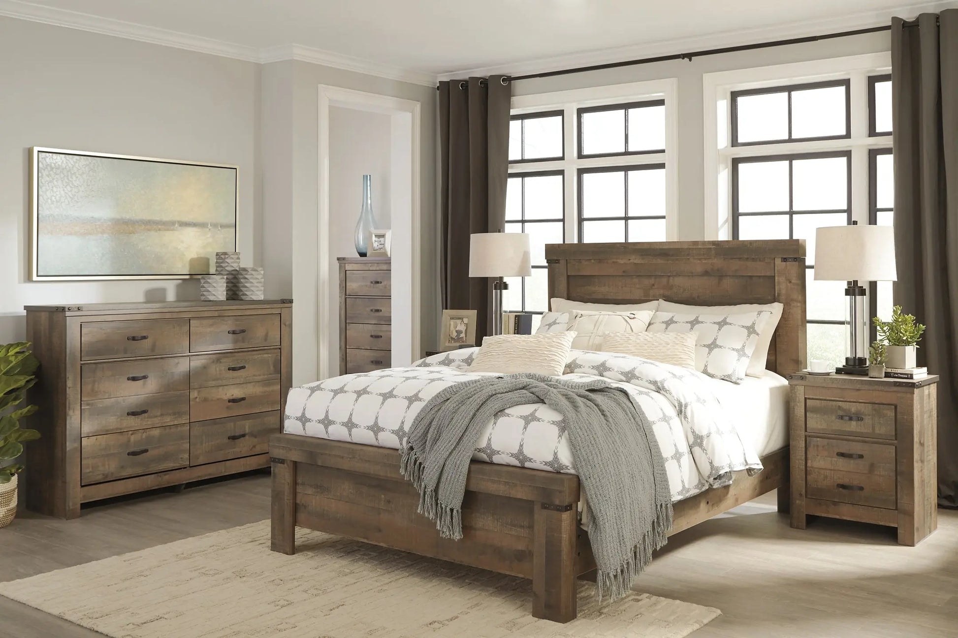 Trinell Queen Panel Bed with Dresser, Chest and Nightstand at Lee Furniture, NC