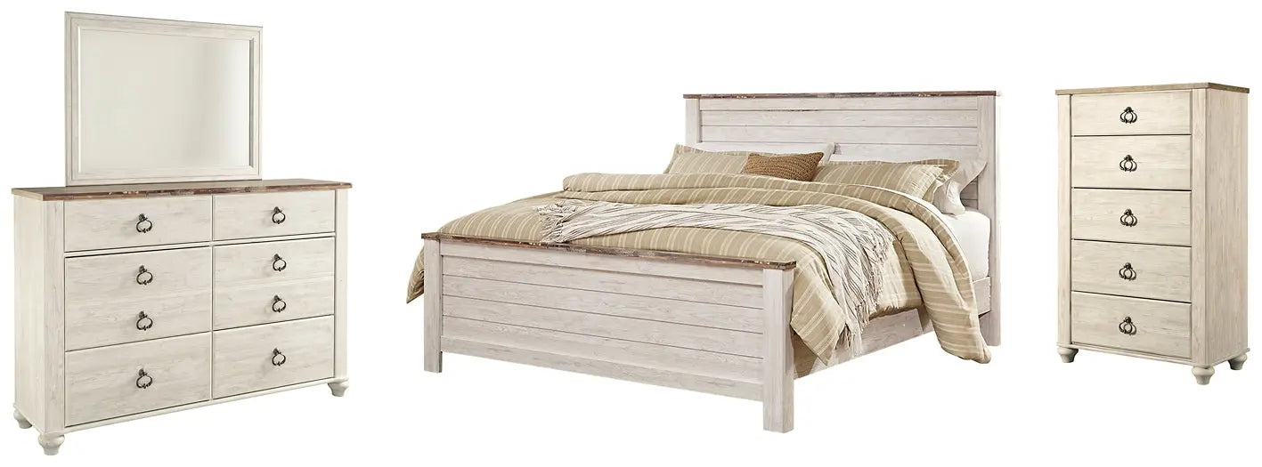 Willowton California King Panel Bed with Mirrored Dresser and Chest at Lee Furniture, NC