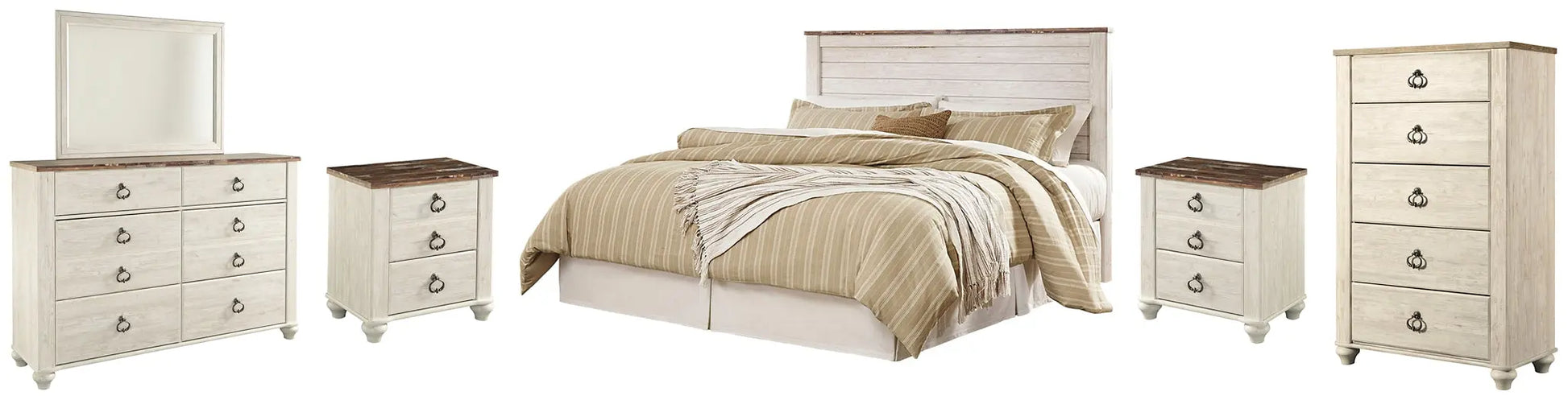 Willowton King/California King Panel Headboard with Mirrored Dresser, Chest and 2 Nightstands at Lee Furniture, NC
