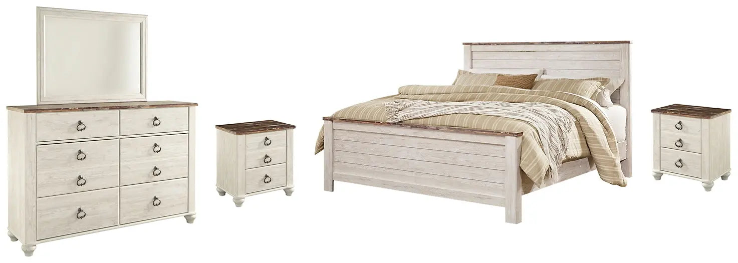 Willowton King Panel Bed with Mirrored Dresser and 2 Nightstands at Lee Furniture, NC