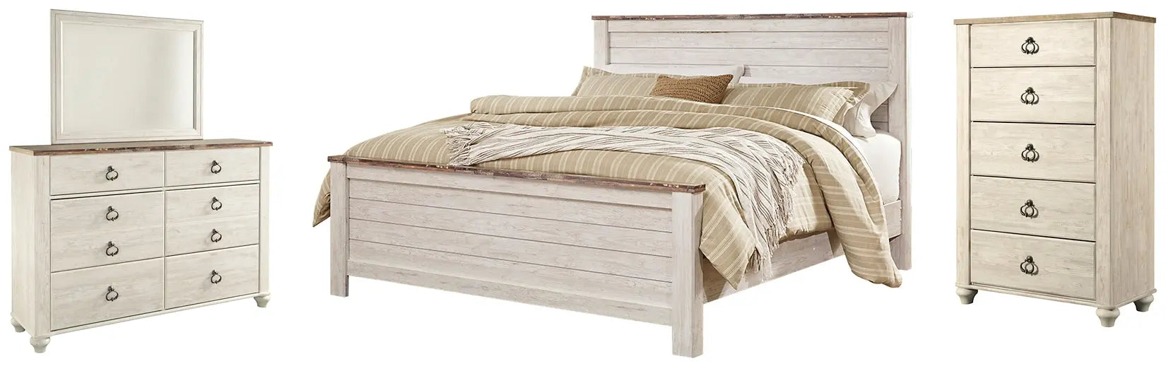 Willowton King Panel Bed with Mirrored Dresser and Chest at Lee Furniture, NC