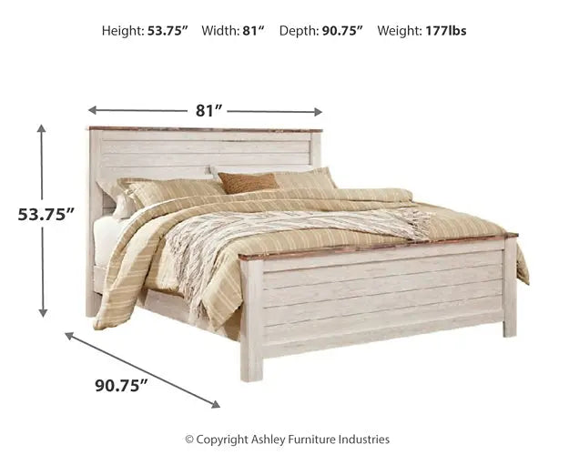 Willowton King Panel Bed with Mirrored Dresser and Chest at Lee Furniture, NC