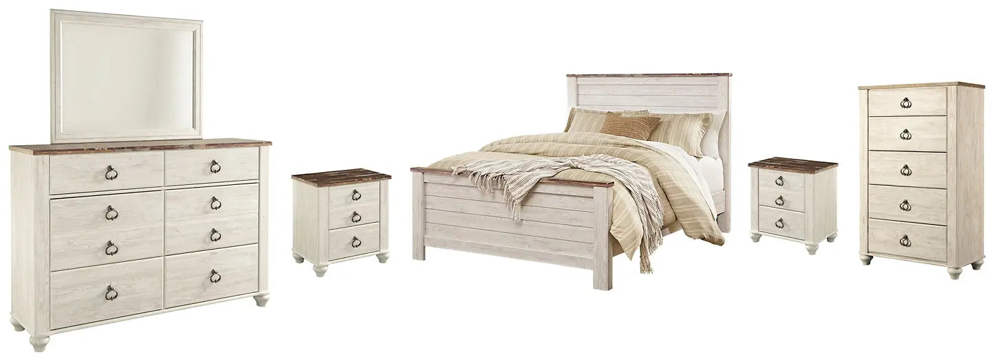 Willowton Panel Bed With Mirrored Dresser, Chest And 2 Nightstands at Lee Furniture, NC