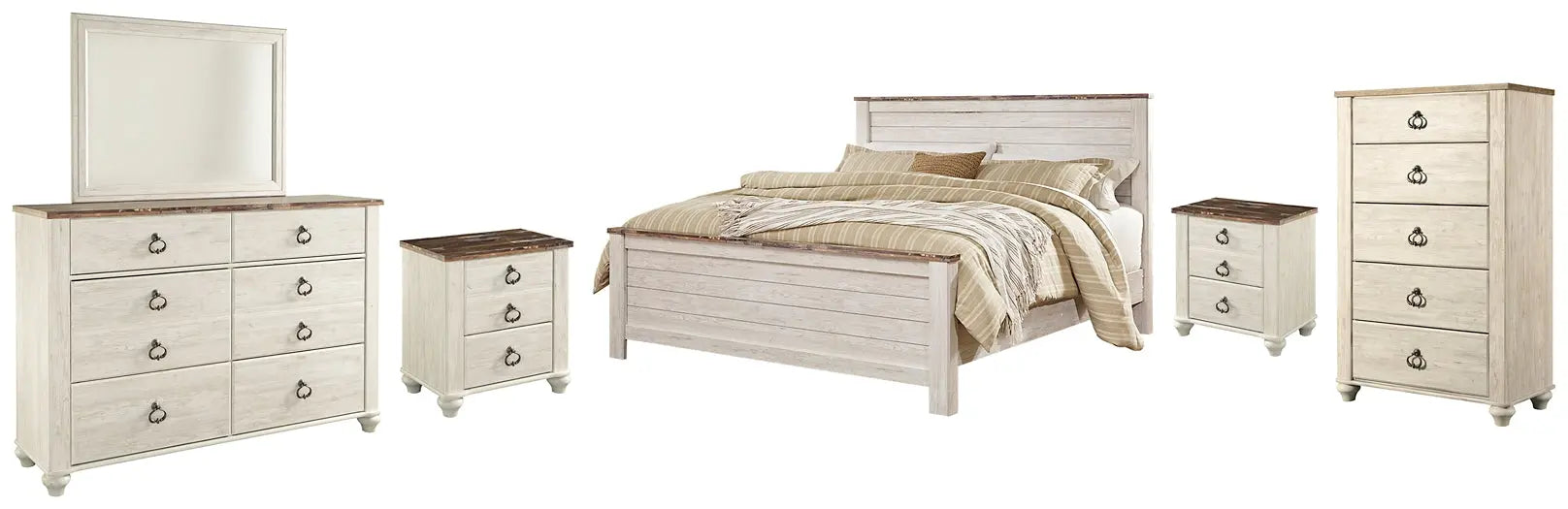 Willowton Panel Bed With Mirrored Dresser, Chest And 2 Nightstands at Lee Furniture, NC