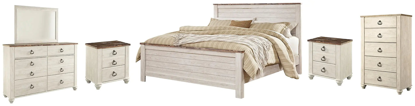 Willowton Panel Bed With Mirrored Dresser, Chest And 2 Nightstands at Lee Furniture, NC