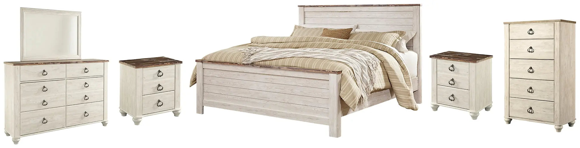 Willowton Panel Bed With Mirrored Dresser, Chest And 2 Nightstands at Lee Furniture, NC