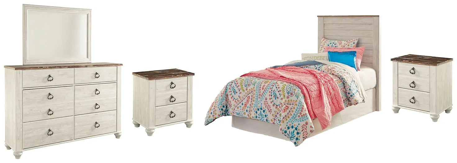 Willowton / Panel Headboard With Mirrored Dresser And 2 Nightstands at Lee Furniture, NC