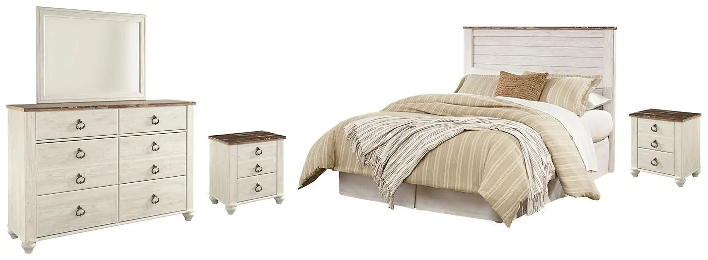 Willowton / Panel Headboard With Mirrored Dresser And 2 Nightstands at Lee Furniture, NC