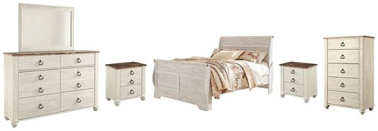 Willowton Queen Sleigh Bed with Mirrored Dresser, Chest and 2 Nightstands at Lee Furniture, NC