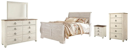 Willowton Queen Sleigh Bed with Mirrored Dresser, Chest and Nightstand at Lee Furniture, NC