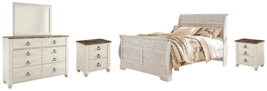 Willowton Queen Sleigh Bed with Mirrored Dresser and 2 Nightstands at Lee Furniture, NC