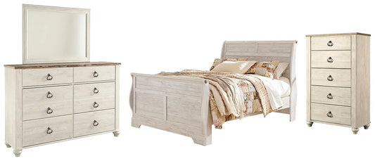 Willowton Queen Sleigh Bed with Mirrored Dresser and Chest at Lee Furniture, NC