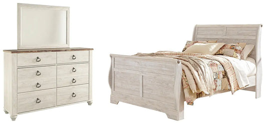 Willowton Queen Sleigh Bed with Mirrored Dresser at Lee Furniture, NC