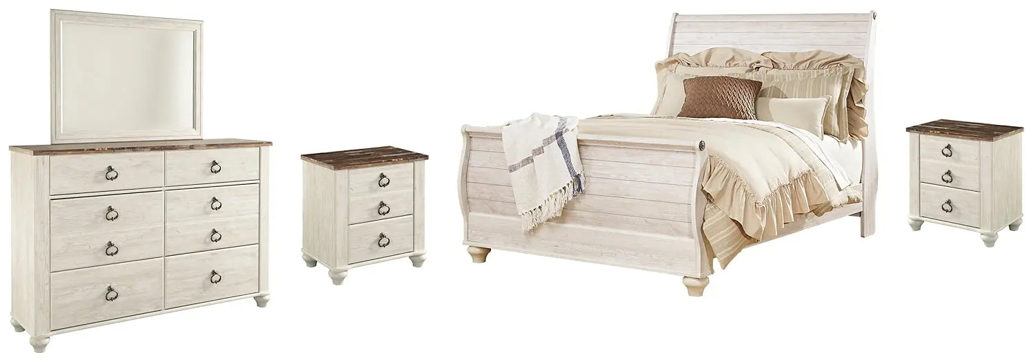 Willowton Sleigh Bed With Mirrored Dresser And 2 Nightstands at Lee Furniture, NC