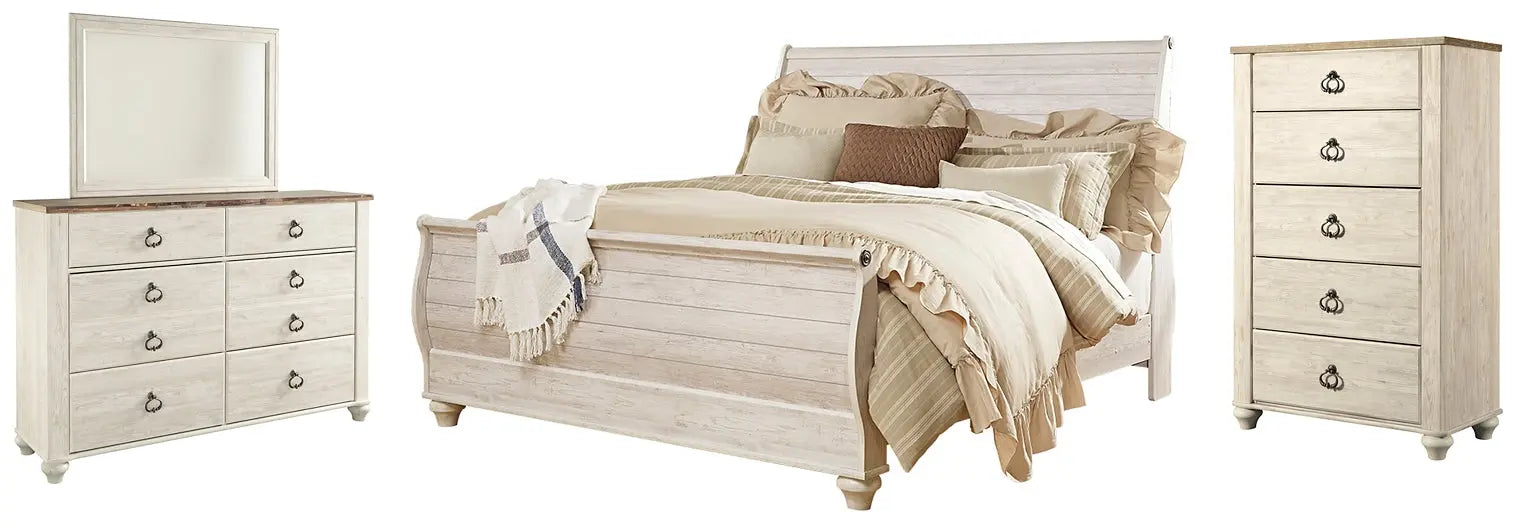Willowton Sleigh Bed With Mirrored Dresser And Chest at Lee Furniture, NC