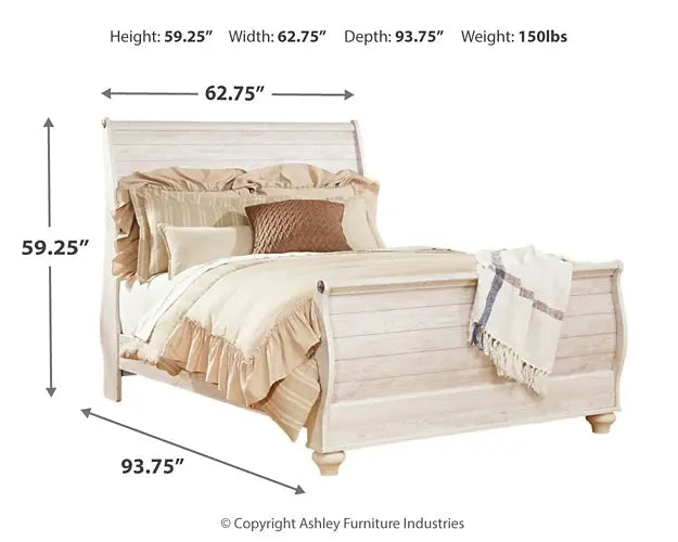Willowton Sleigh Bed With Mirrored Dresser And Chest at Lee Furniture, NC