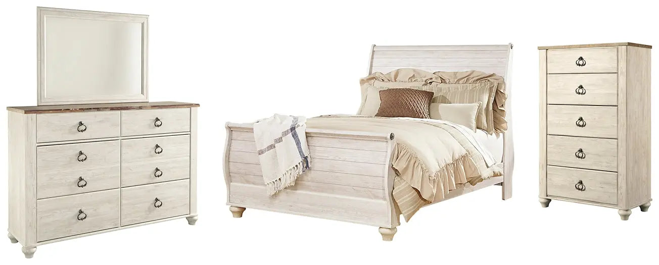 Willowton Sleigh Bed With Mirrored Dresser And Chest at Lee Furniture, NC