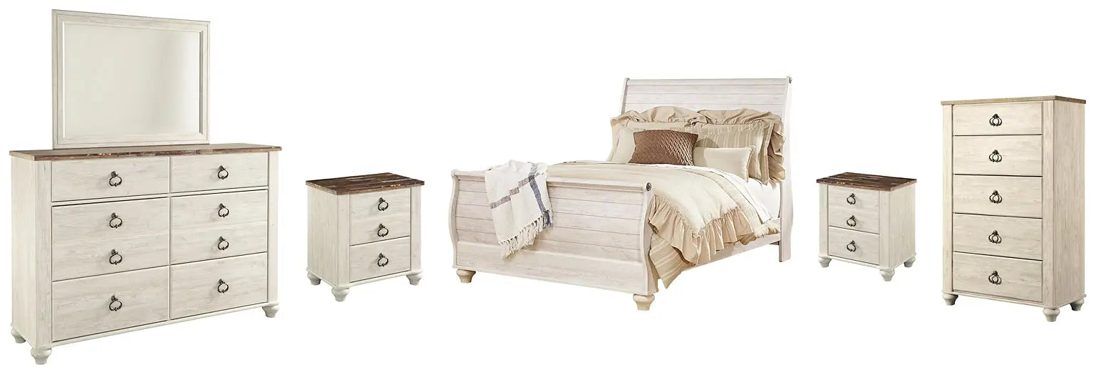 Willowton Sleigh Bed With Mirrored Dresser, Chest And 2 Nightstands at Lee Furniture, NC