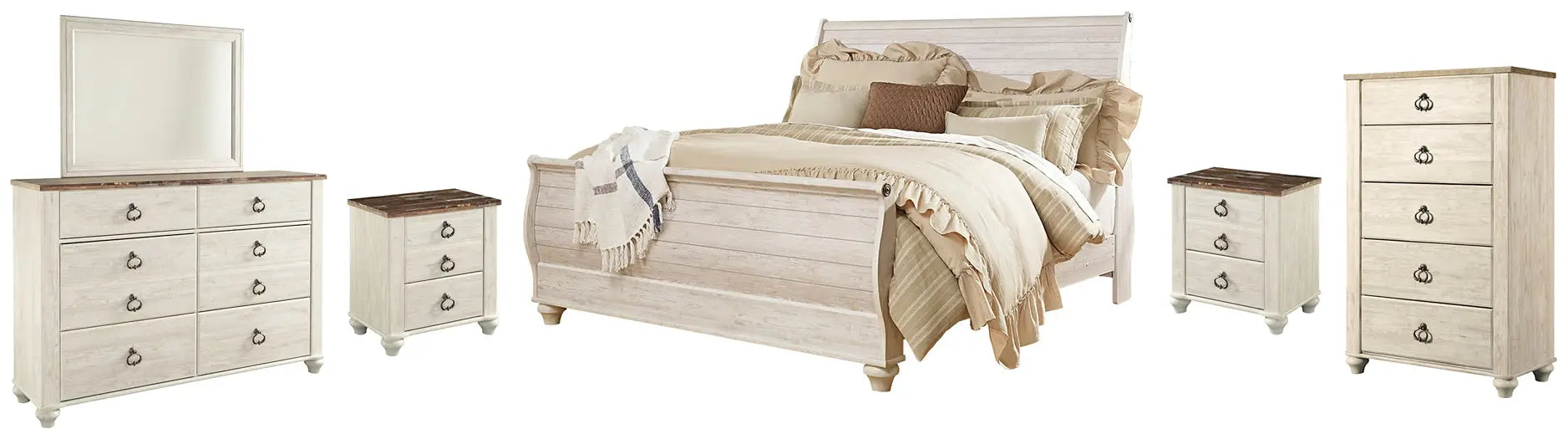Willowton Sleigh Bed With Mirrored Dresser, Chest And 2 Nightstands at Lee Furniture, NC