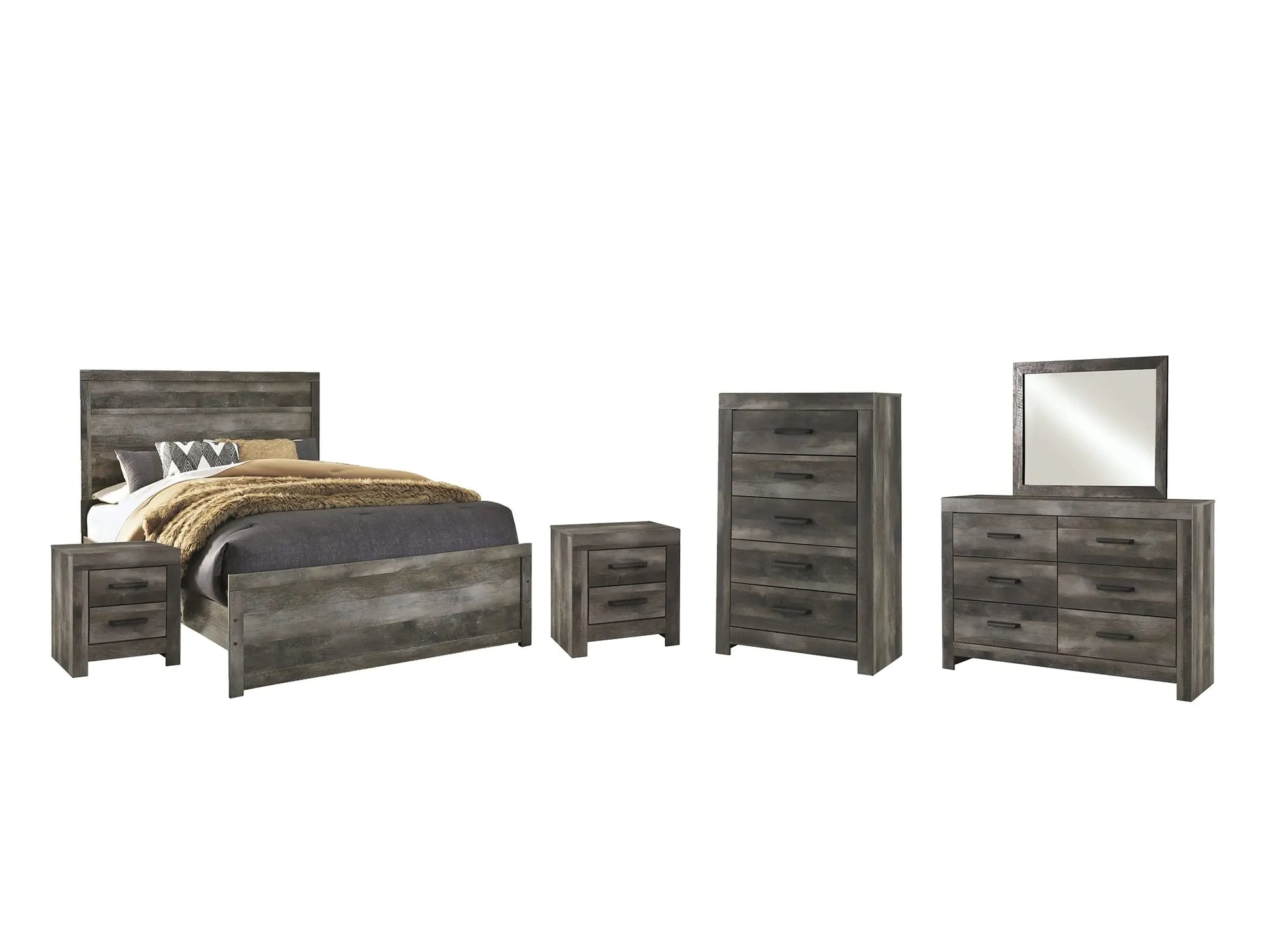 Wynnlow Queen Panel Bed with Mirrored Dresser, Chest and 2 Nightstands at Lee Furniture, NC