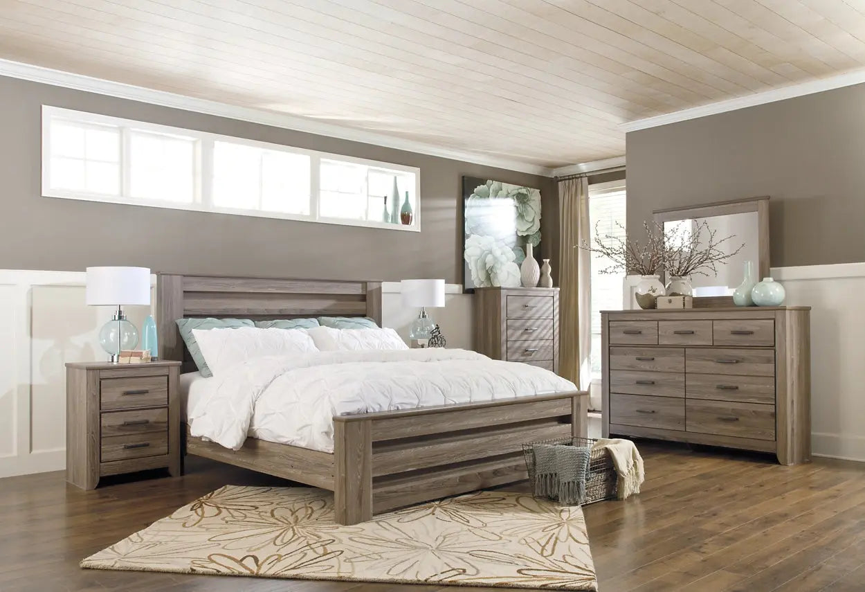 Zelen King Panel Bed with Mirrored Dresser, Chest and Nightstand at Lee Furniture, NC