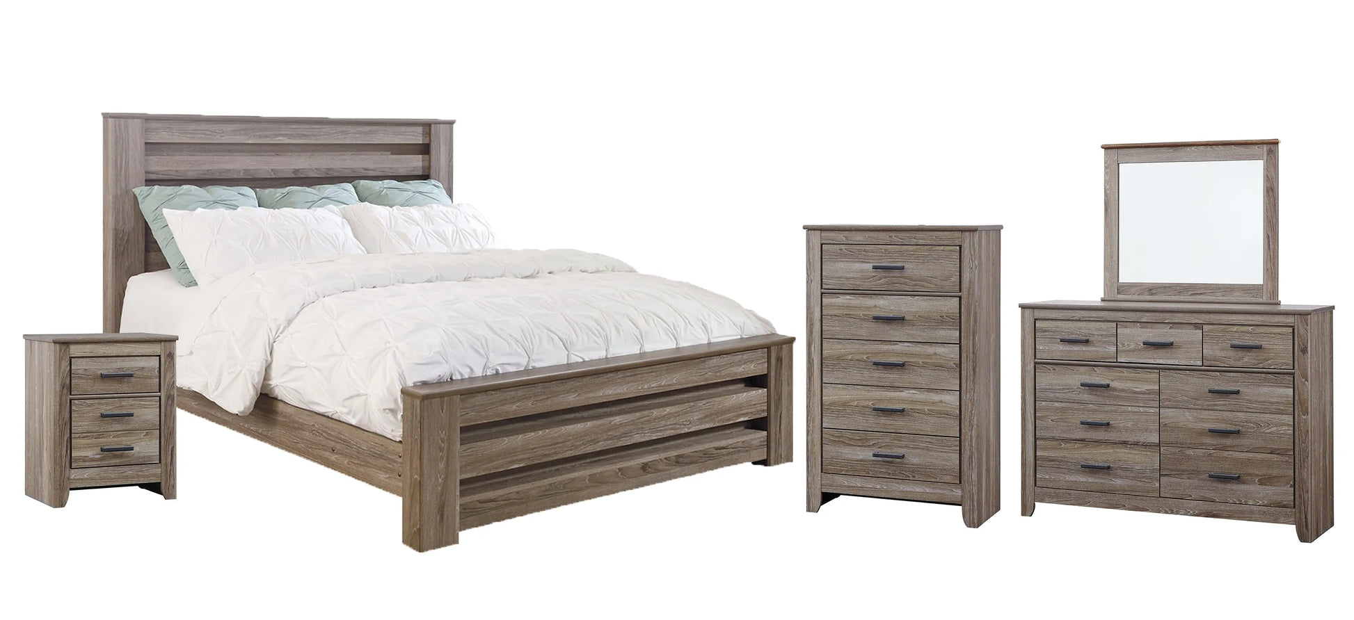 Zelen King Panel Bed with Mirrored Dresser, Chest and Nightstand at Lee Furniture, NC