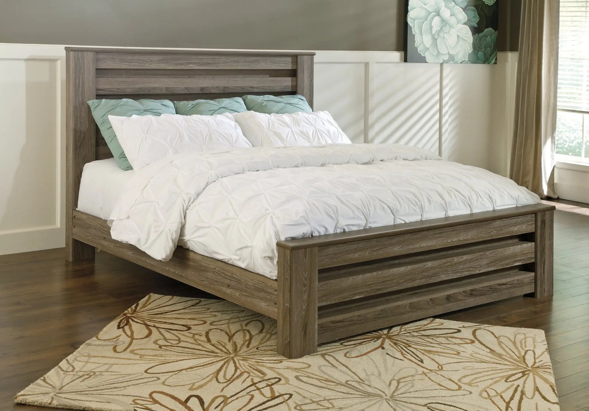 Zelen King Panel Bed with Mirrored Dresser and Chest at Lee Furniture, NC
