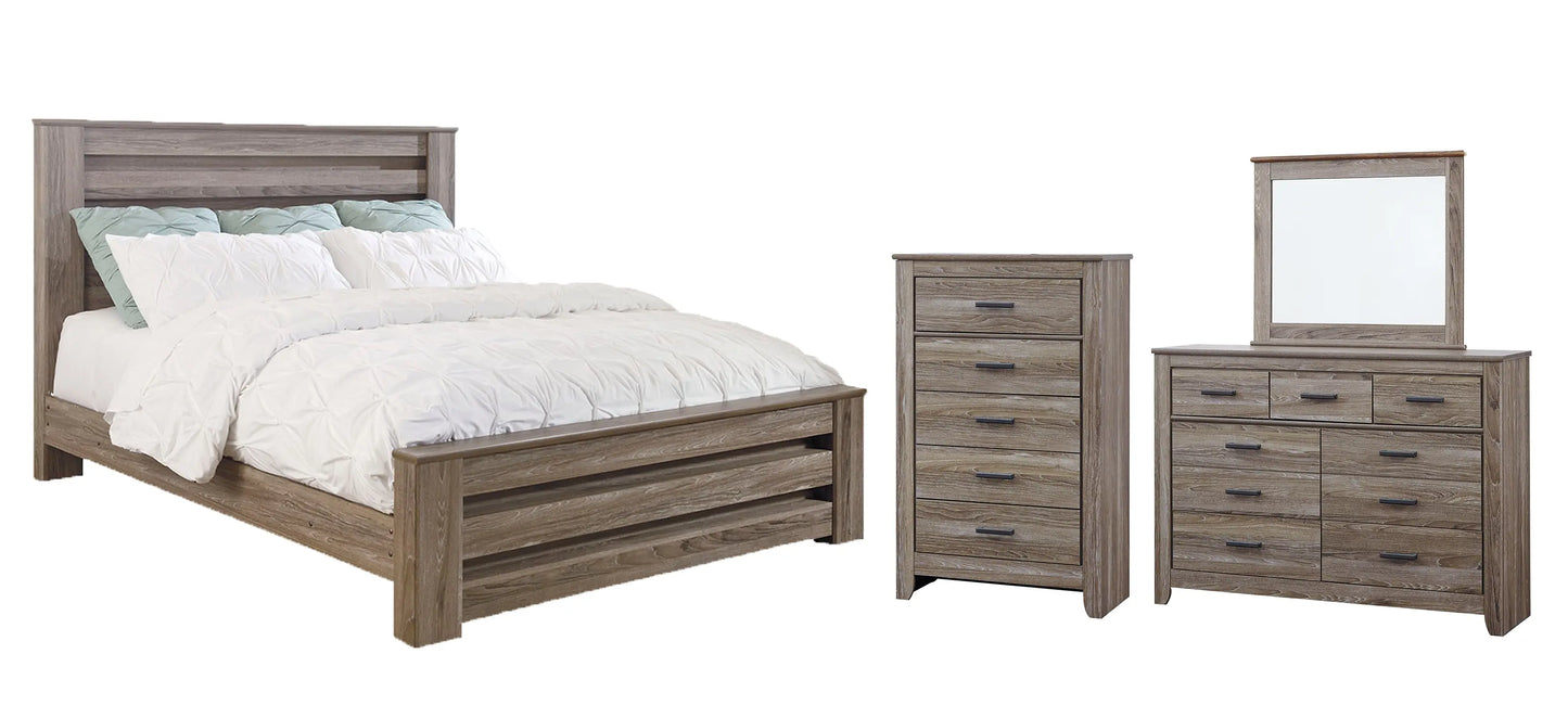 Zelen King Panel Bed with Mirrored Dresser and Chest at Lee Furniture, NC
