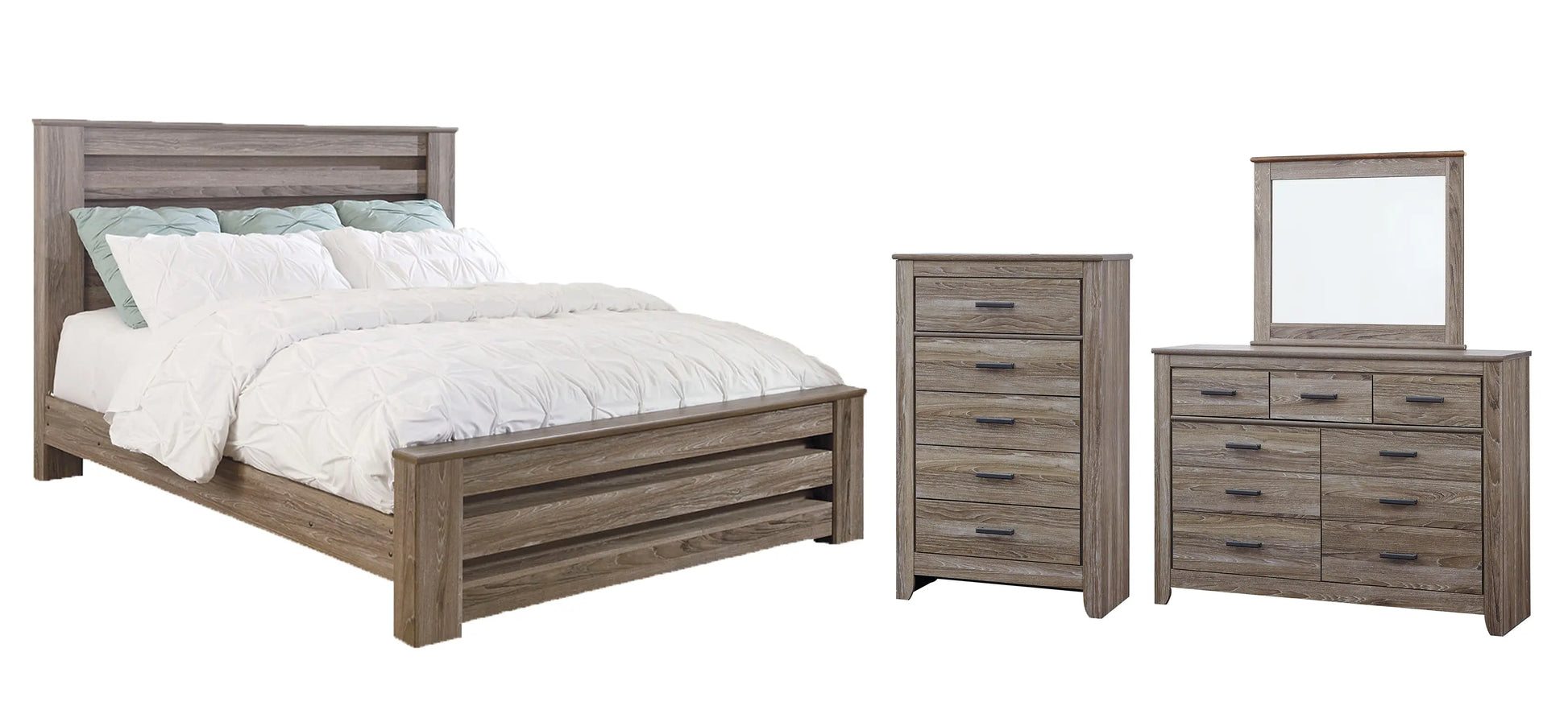 Zelen King Panel Bed with Mirrored Dresser and Chest at Lee Furniture, NC