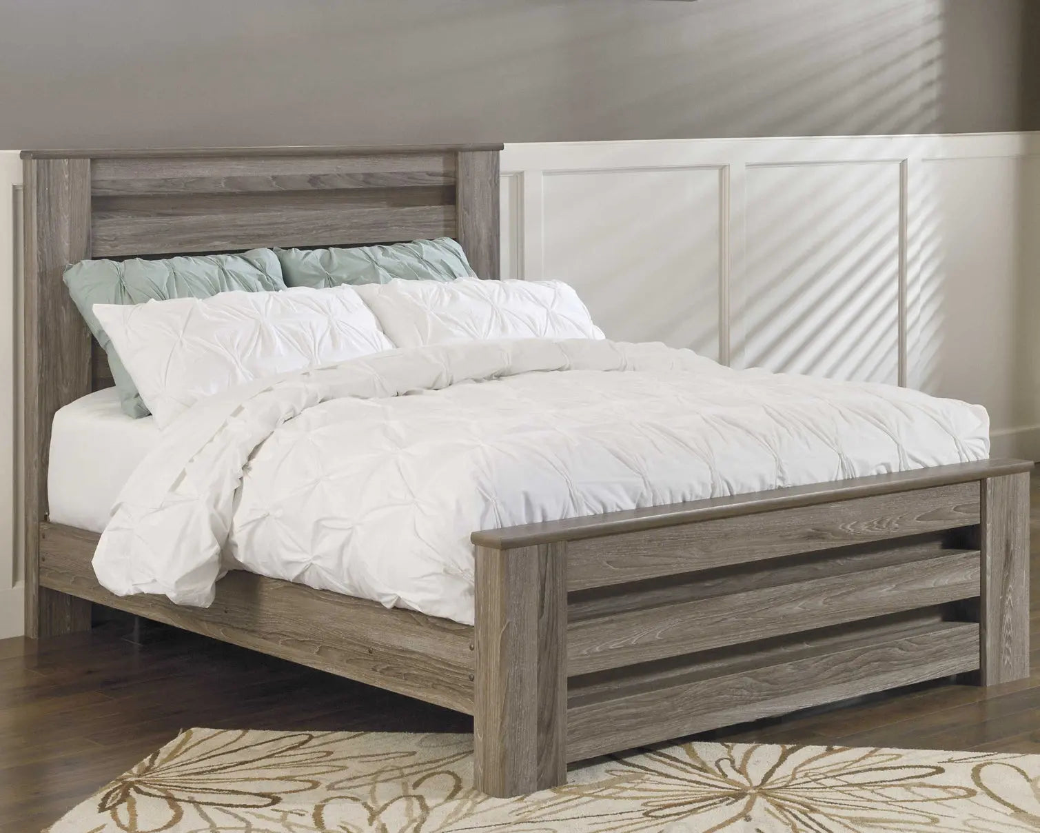 Zelen Queen Panel Bed with Mirrored Dresser and Chest at Lee Furniture, NC