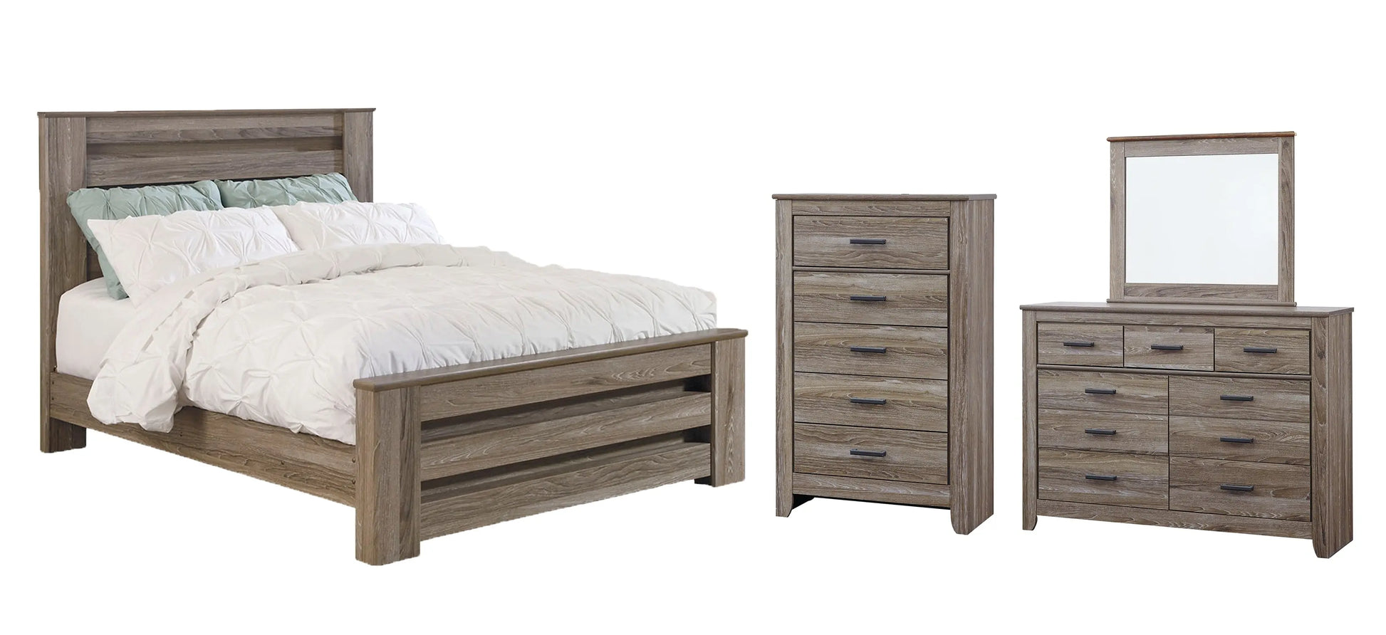 Zelen Queen Panel Bed with Mirrored Dresser and Chest at Lee Furniture, NC