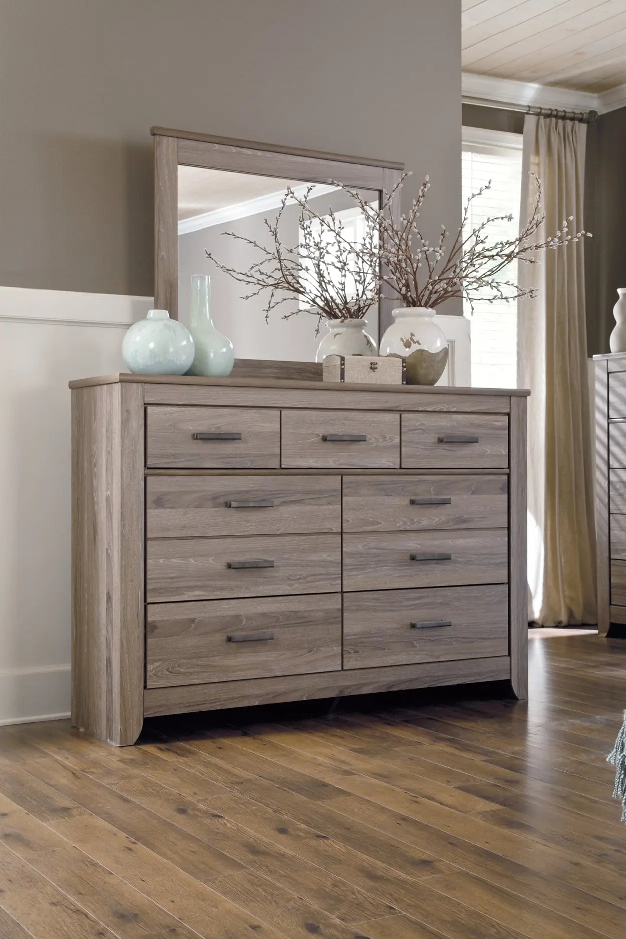 Zelen Queen Panel Bed with Mirrored Dresser and Chest at Lee Furniture, NC