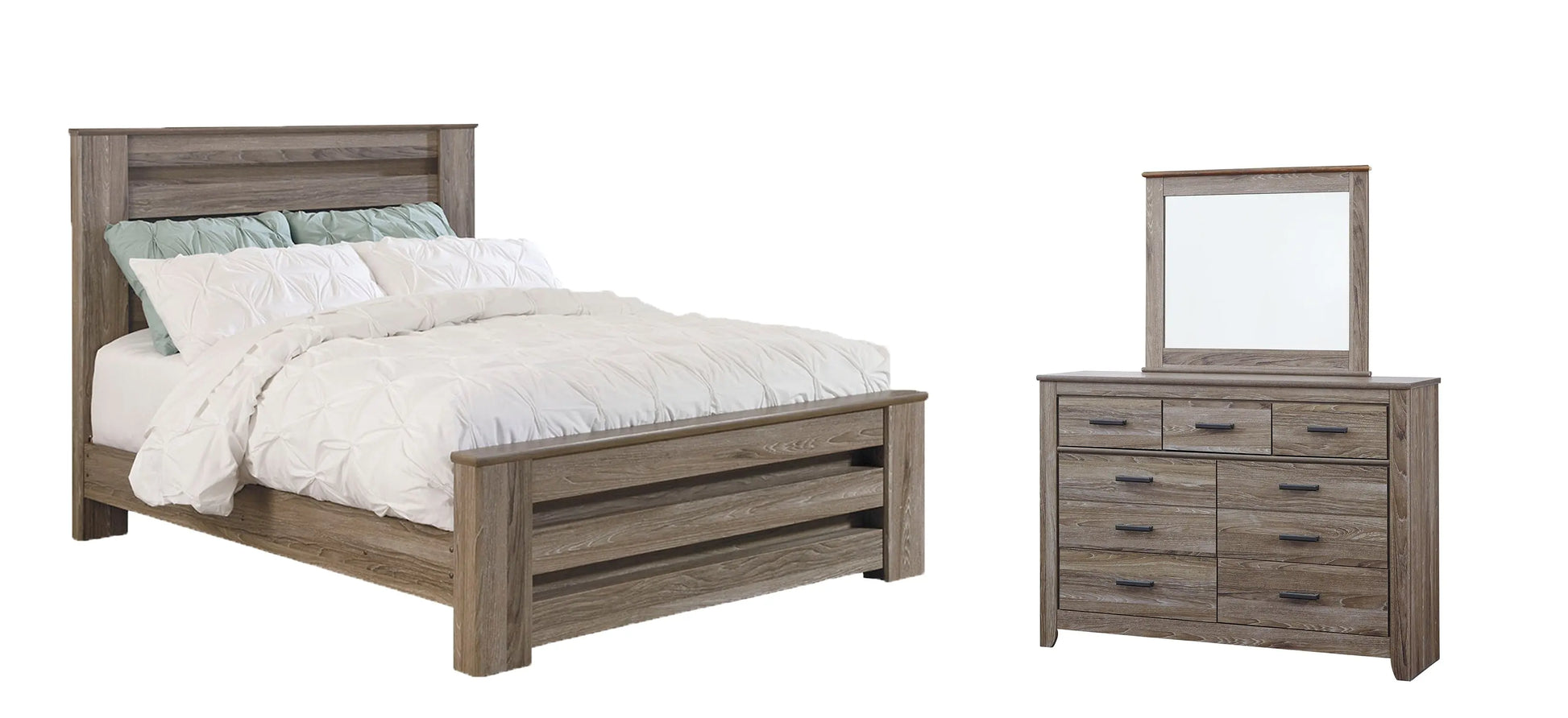 Zelen Queen Panel Bed with Mirrored Dresser at Lee Furniture, NC