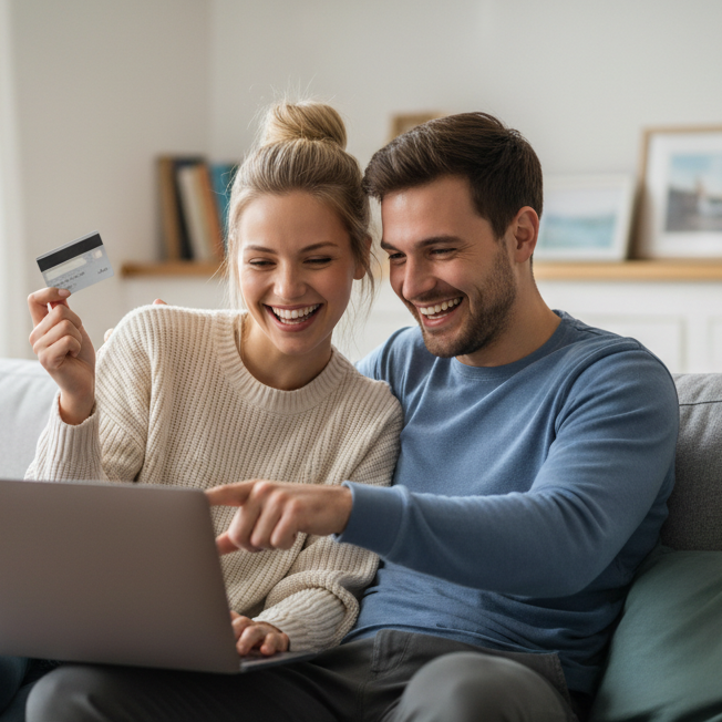 Couple sitting on a couch using a laptop with a credit card, smiling.
