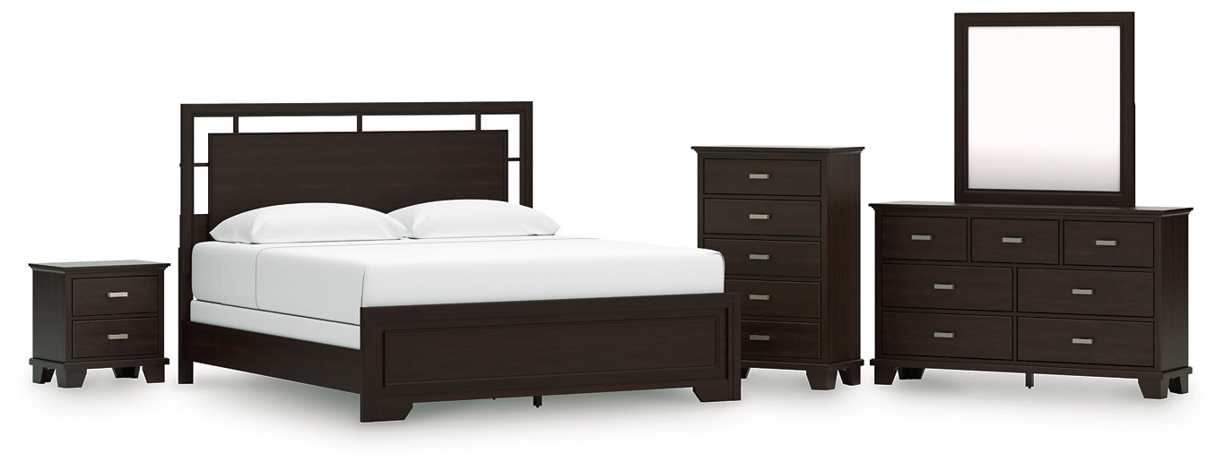 Covetown King Panel Bed with Mirrored Dresser, Chest and Nightstand