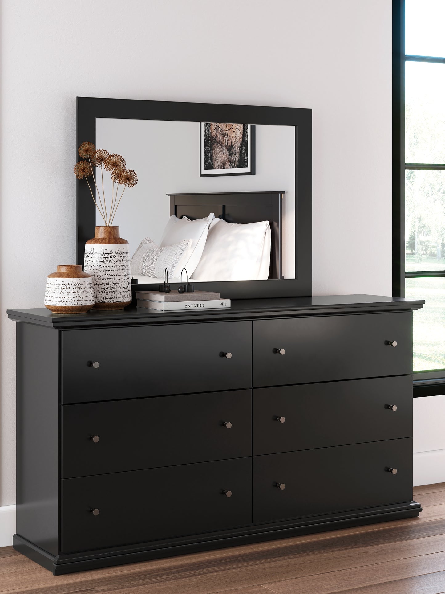 Maribel King Panel Bed with Mirrored Dresser and Nightstand