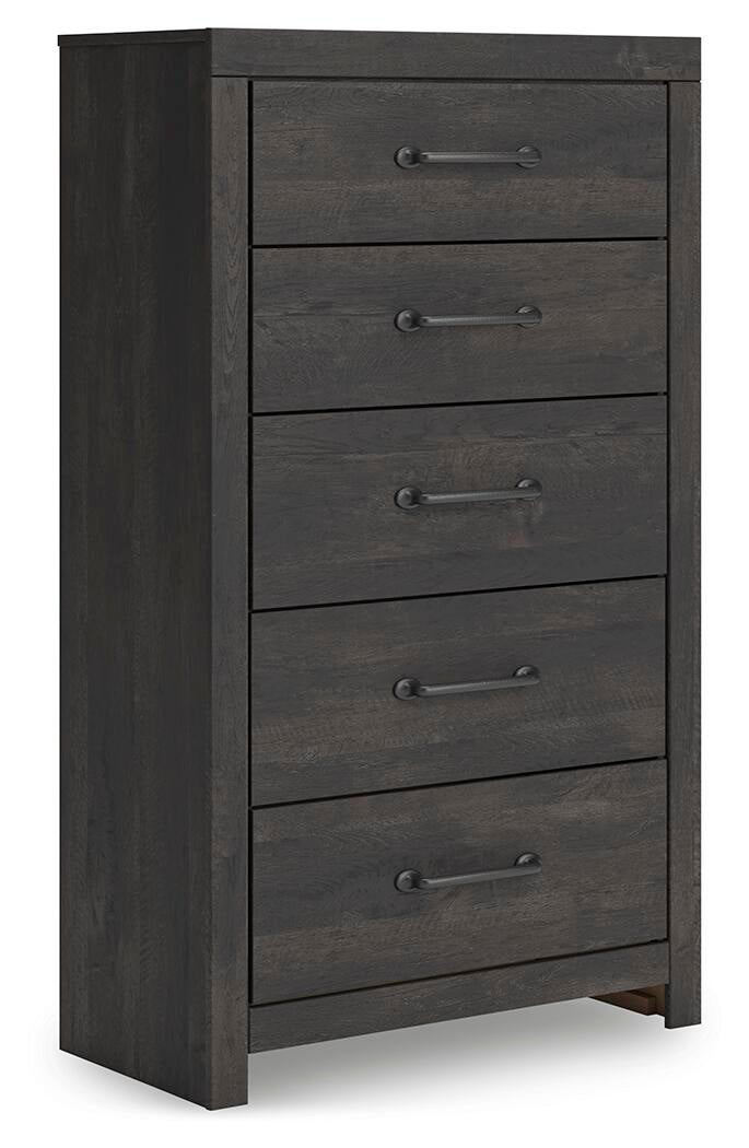Hollivern King Panel Bed, Dresser, Mirror, Chest and Nightstand
