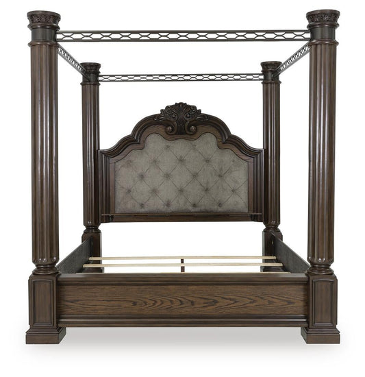 Maylee Queen Canopy Bed, Dresser, Mirror, Chest and Nightstand
