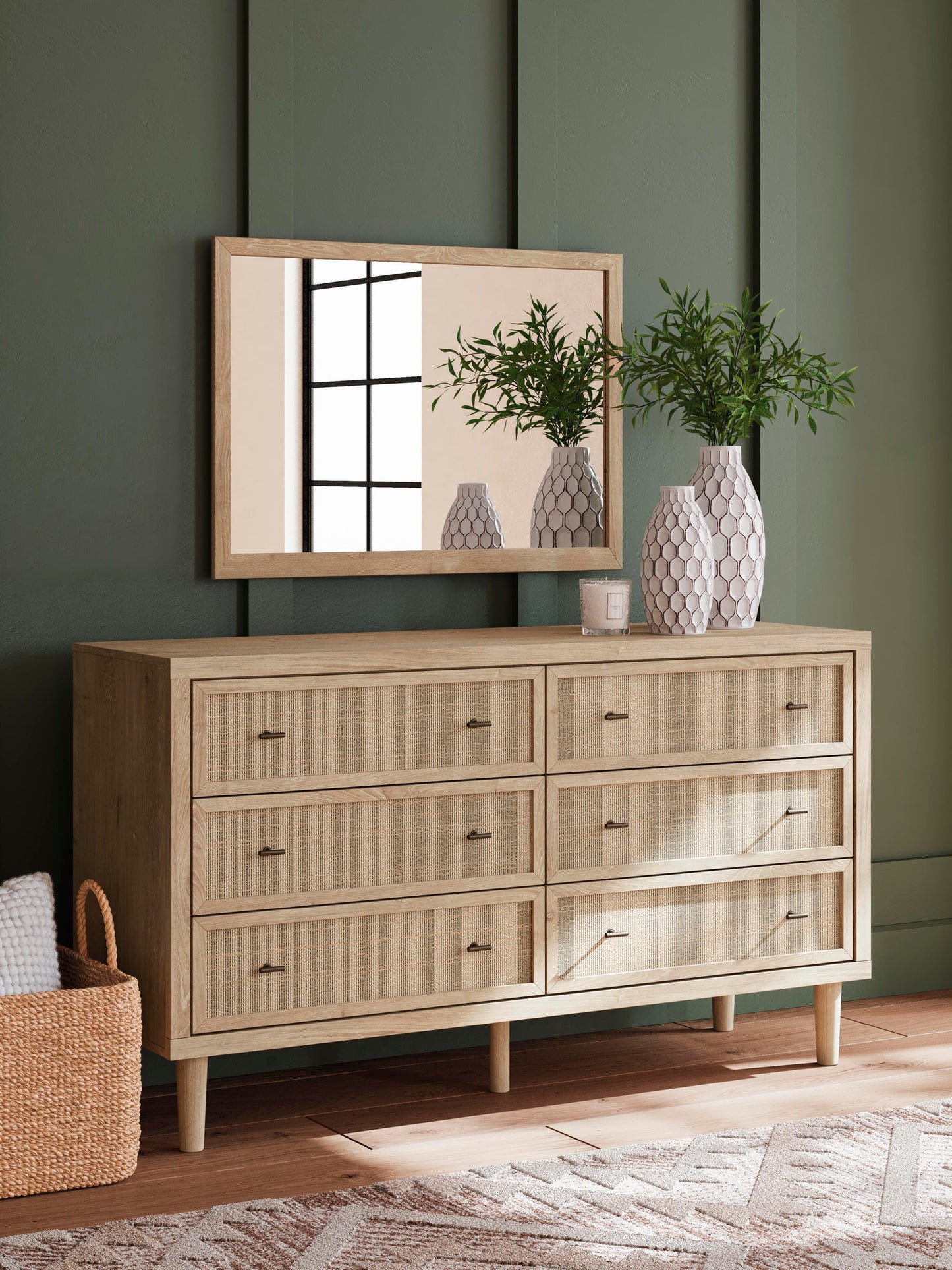 Cielden King Upholstered Bed with Roll Slats, Dresser, Mirror and Nightstand
