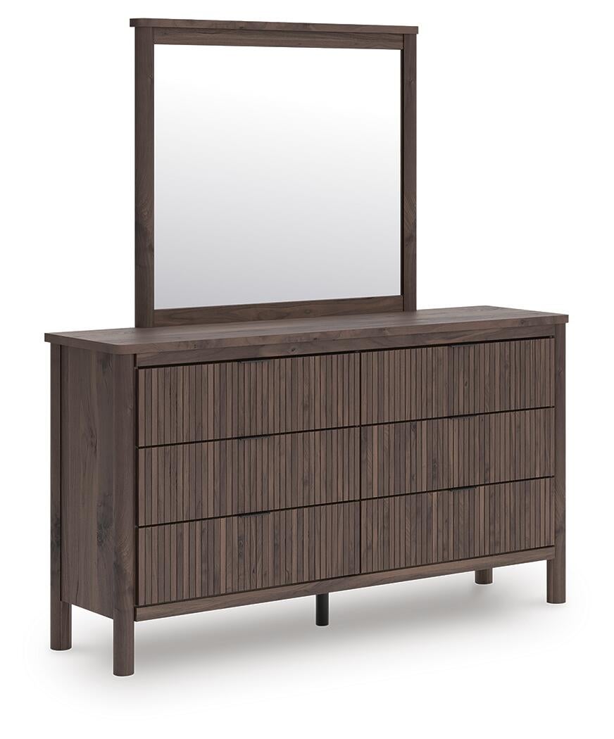 Pamytta Queen Upholstered Panel Bed, Dresser and Mirror