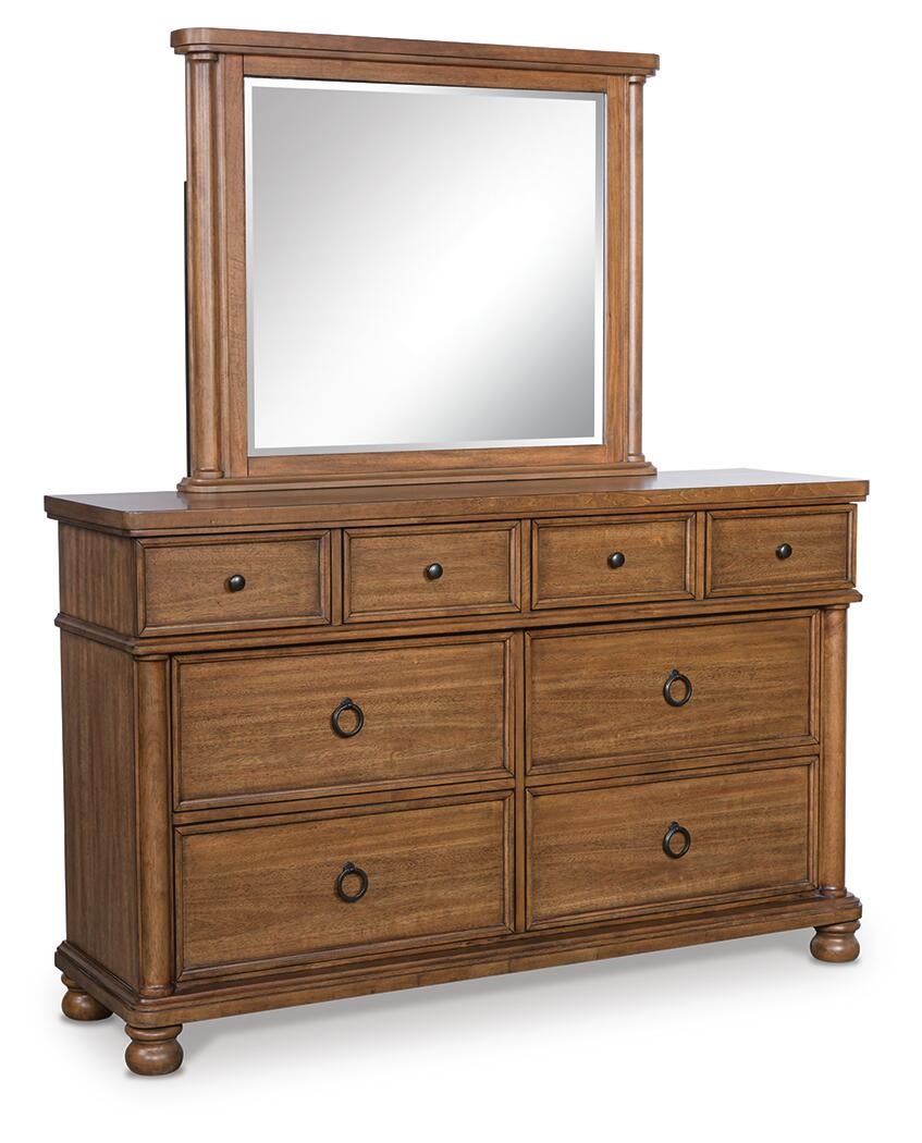 Rowlenstown Queen Poster Bed with Mirrored Dresser